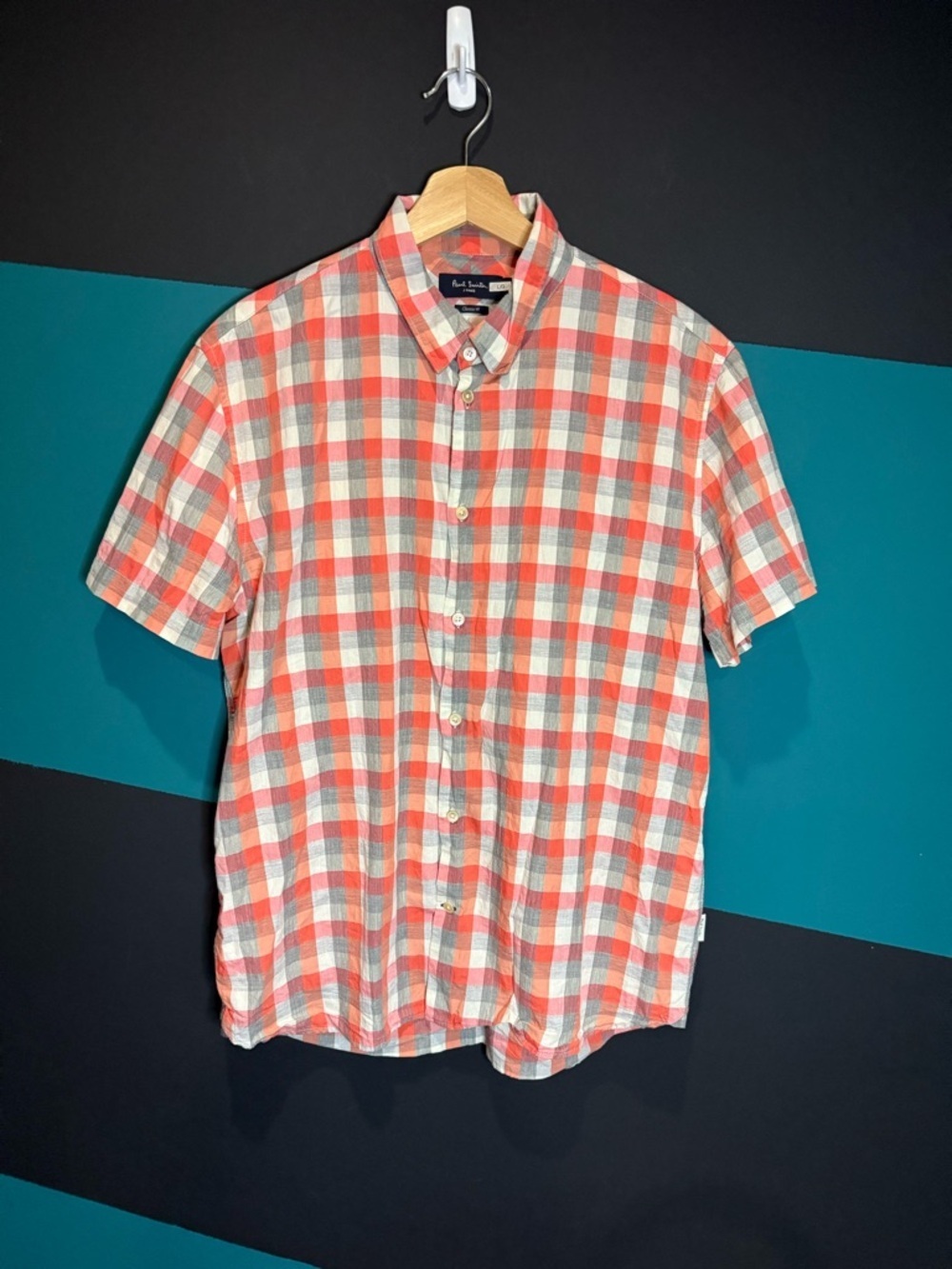 Paul Smith Orange and Cream Plaid Short-Sleeve Button-Down Shirt size L Golf